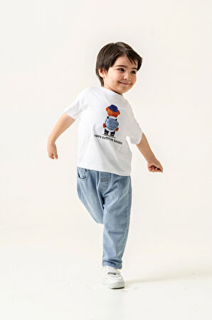 Teddy Tshirt Desenli Kot Pantolon Takım Beyaz