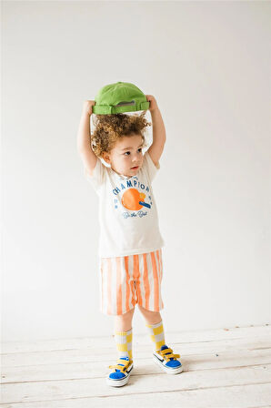 Erkek Bebek T-Shirt Çizgili Şort Takım Turuncu