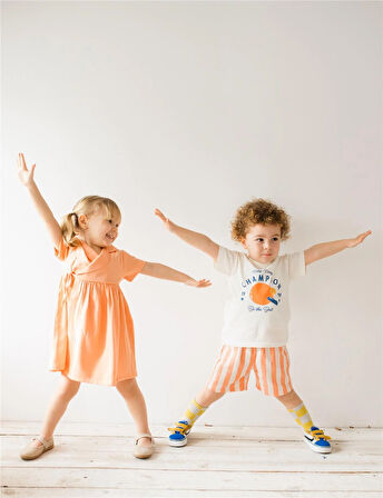 Erkek Bebek T-Shirt Çizgili Şort Takım Turuncu