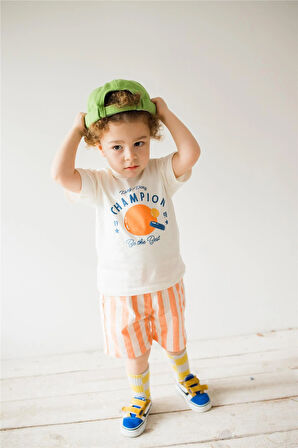 Erkek Bebek T-Shirt Çizgili Şort Takım Turuncu