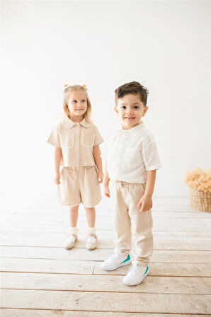 Beyaz Keten Kısa Kollu Erkek Çocuk Gömlek Beyaz