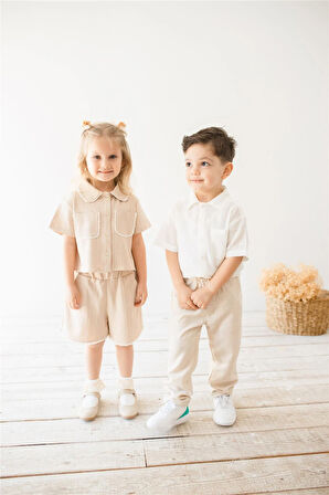 Beyaz Keten Kısa Kollu Erkek Çocuk Gömlek Beyaz