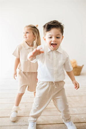 Beyaz Keten Kısa Kollu Erkek Çocuk Gömlek Beyaz