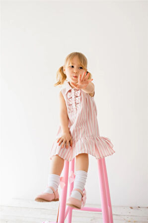 Çizgili Kız Bebek Pembe Elbise Pembe