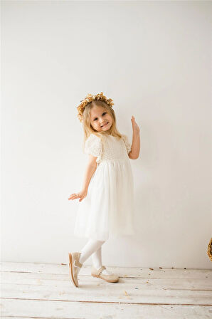 Güpür Detaylı Eteği Tül Özel Gün Elbisesi Ekru