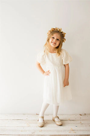 Güpür Detaylı Eteği Tül Özel Gün Elbisesi Ekru