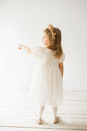 Güpür Detaylı Eteği Tül Özel Gün Elbisesi Ekru