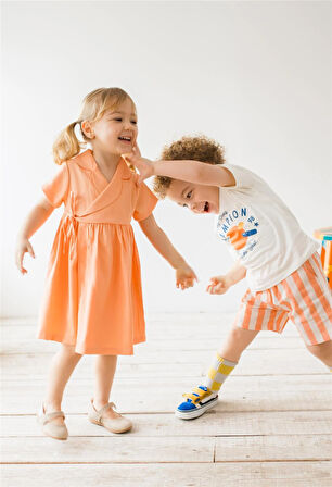 Kruvaze Kız Bebek Elbise Somon Somon