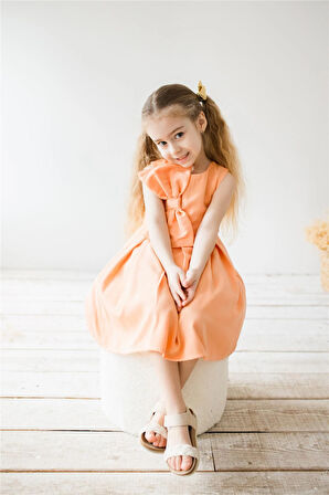 Fiyonk Detaylı Kız Çocuk Elbise Somon Somon