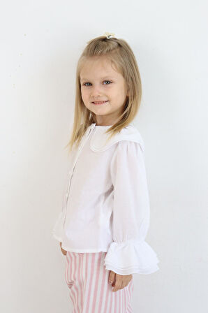 Yaka Detaylı Kız Çocuk Gömlek Ekru