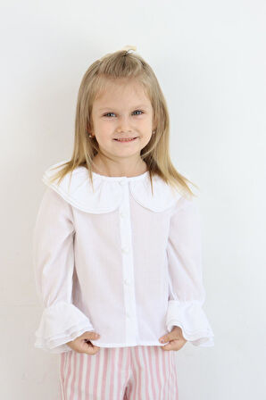 Yaka Detaylı Kız Çocuk Gömlek Ekru