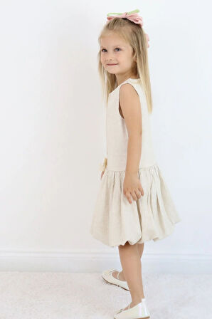 Balon Etek Keten Dantelli Kız Çocuk Elbise