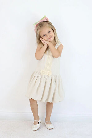 Balon Etek Keten Dantelli Kız Çocuk Elbise