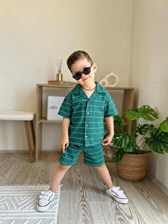 Çizgili Erkek Bebek T-shirt Şort Takım Yeşil