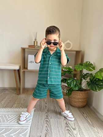 Çizgili Erkek Bebek T-shirt Şort Takım Yeşil