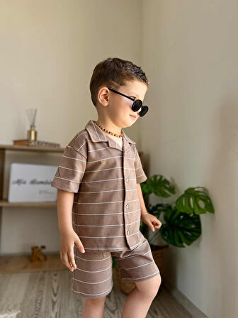 Çizgili Erkek Bebek T-shirt Şort Takım Kahverengi