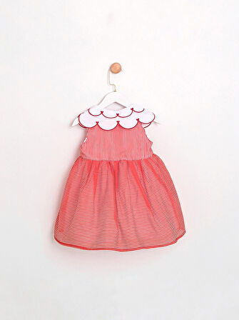 Yaka Detaylı Çizgili Kız Çocuk Elbise Kırmızı