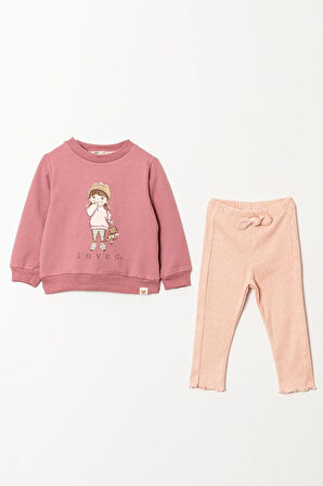 Kız Desen Alt Üst Tayt Takım Gül Kurusu