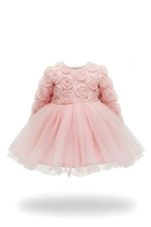 Rosa Pembe Güllü Kız Çocuk Uzun Kollu Elbise