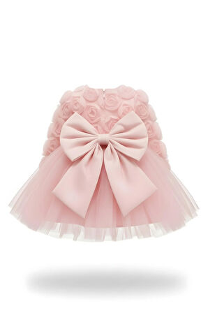 Rosa Pembe Güllü Kız Çocuk Uzun Kollu Elbise