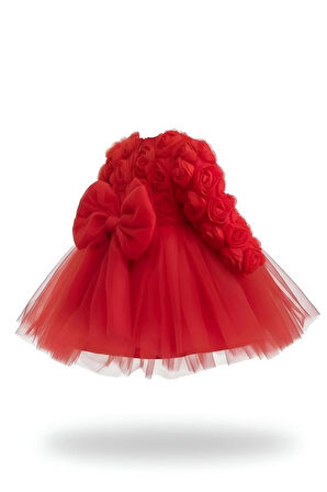 Rosa Kırmızı Güllü Kız Çocuk Uzun Kollu Elbise