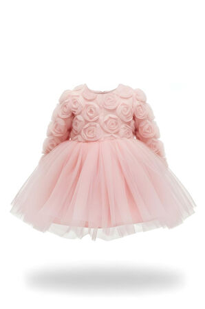 Rosa Pembe Güllü Kız Çocuk Uzun Kollu Elbise