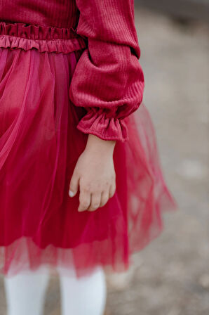 Rosa Kadife Kabarık Tüllü Kız Çocuk Elbise Kırmızı