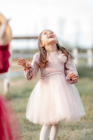 Rosa Kadife Kabarık Tüllü Kız Çocuk Elbise Pembe