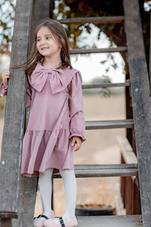 Önü Büyük Fiyonklu Kız Çocuk Elbise Gül Kurusu