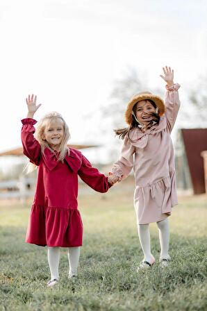 Önü Büyük Fiyonklu Kız Çocuk Elbise Kırmızı