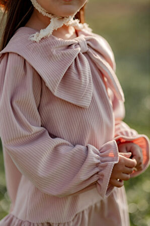 Önü Büyük Fiyonklu Kız Çocuk Elbise Pembe