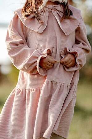 Önü Büyük Fiyonklu Kız Çocuk Elbise Pembe