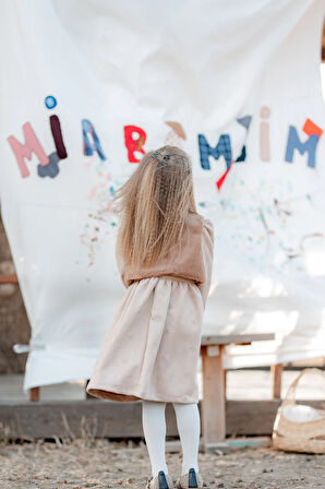 Kürklü Nubuk Kumaş Fiyonk Nakışlı Elbise Kahverengi