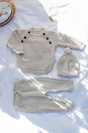 Triko Bereli Yandan Düğmeli Alt Üst Takım Bebek Set Kahverengi