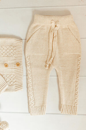 Saç Örgü Triko Bereli Alt Üst Takım Bej