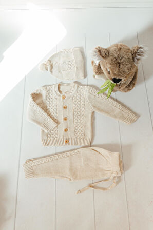 Saç Örgü Triko Bereli Alt Üst Takım Bej