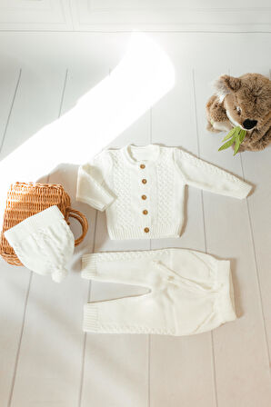 Saç Örgü Triko Bereli Alt Üst Takım Ekru