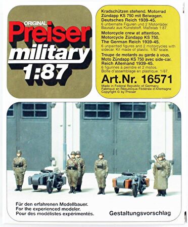 Preiser 16571 1/87 Ölçek Motorsikletli Asker Figürleri