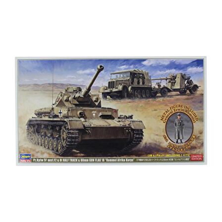 Hasegawa 30046 1/72 Ölçek Rommel Afrika Korps (1/32 Ölçek Metal General Figürü Hediyeli) Askeri Araç Maket Seti