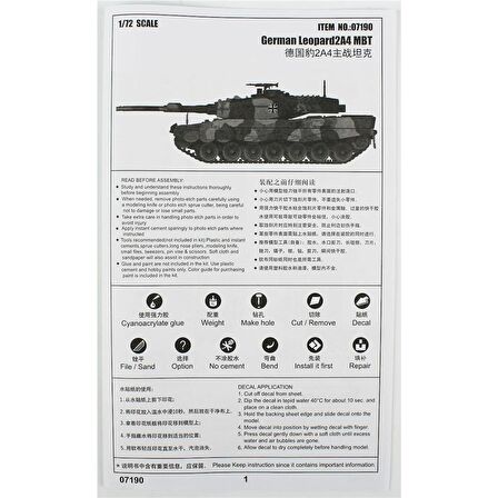 Trumpeter 07190 1/72 Ölçek Alman Leopard 2A4 Ana Muharebe Tankı, Plastik Model Kiti