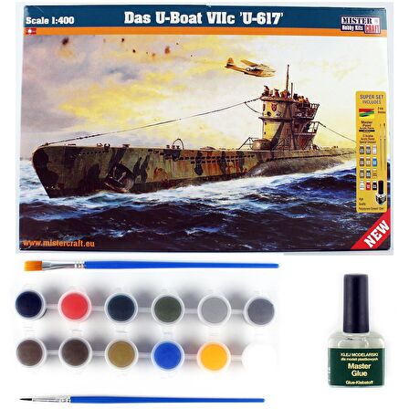 Mistercraft D290ST 1/400 Das U-Boat VIIC (U-617) Denizaltı Plastik Model Kiti, (12xBoya,2xFırça,Yapıştırıcılı Başlangıç Seti)