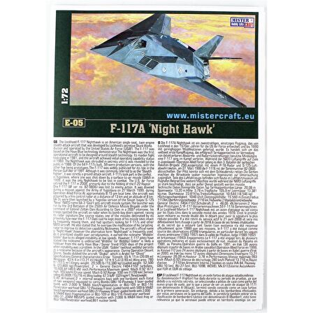 Mistercraft E005 1/72 F-117A (Night Hawk) Savaş Uçağı Plastik Model Kiti