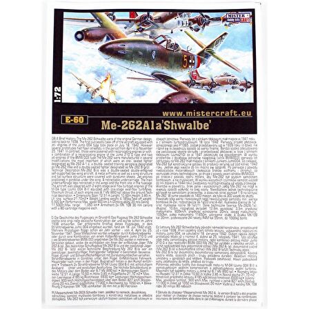 Mistercraft E060 1/72 Me-262-1A  (Schwalbe) Savaş Uçağı Plastik Model Kiti