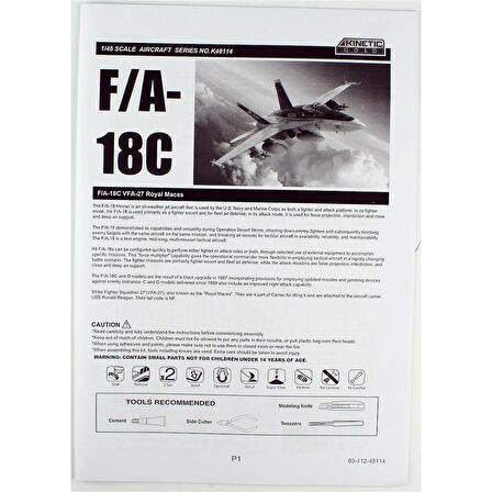 Kinetic K48114 1/48 F/A-18C (VFA-27 Royal Maces) Savaş Uçağı, Plastik Model Kiti