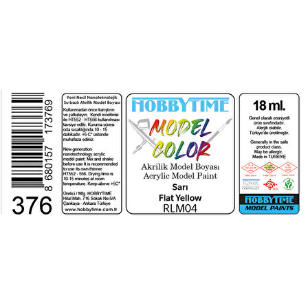 Hobbytime 376 18 ml. RLM04, Sarı (Flat Yellow), Akrilik Model Boyası