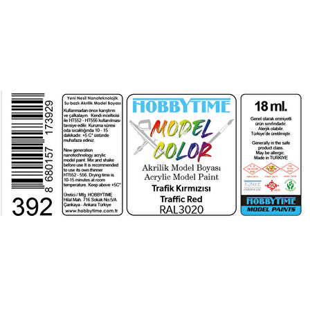 Hobbytime 392 18 ml. RAL3020, Trafik Kırmızısı (Traffic Red), Akrilik Model Boyası