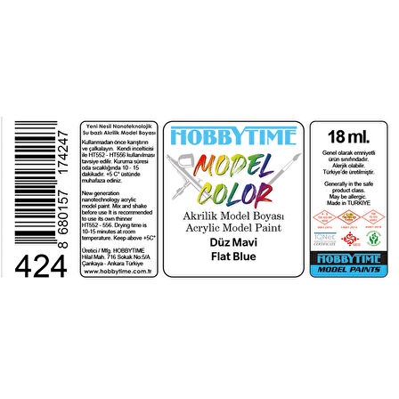 Hobbytime 424 18 ml. Düz Mavi (Flat Blue), Akrilik Model Boyası