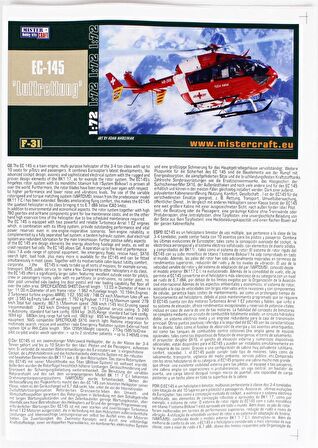 Mistercraft F031 EC-145 Medicopter 117/Rega Çok Amaçlı helikopter Demonte Plastik Maketi