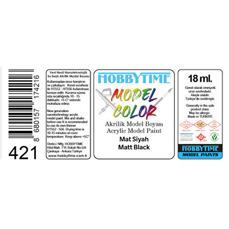 Hobbytime 421 18 ml. Mat Siyah (Matt Black), Akrilik Model Boyası