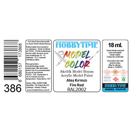 Hobbytime 386 18 ml. RAL2002 Ateş Kırmızı (Fire Red), Akrilik Model Boyası